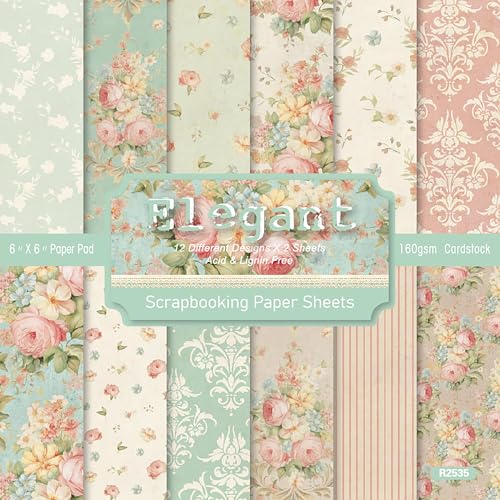 GLKTOPO Papierblock mit Vintage-Blumenmuster, 24 Blatt, rosa Blumen, gemusterter Karton, 15,2 cm, einseitig, dekoratives Bastelpapier für Kartenherstellung, Fotoalbum, Tagebuch, DIY Handwerk (R2535) von GLKTOPO