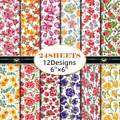 GLKTOPO Vintage Floral Scrapbook Paper Pad 24 Sheets Pink Flowers Patterned Cardstock 6 Inches Single Sided Decorative Craft Paper for Card Making Photo Album Journal DIY Craft (41270) von GLKTOPO