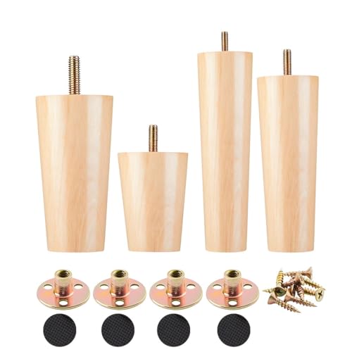 GLMGBP Möbelbeine aus Holz, 4er-Pack, verstellbare Tischfüße, 20 cm, 18 cm, 15 cm, 12 cm, 10 cm, 8 cm, 6 cm, 5 cm, inkl. Montageplatten, Schrauben und Pads für Schränke, Sofas, Couchtische, natürli von GLMGBP