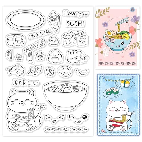 GLOBLELAND 1 Blatt Glückskatzen und japanisches Futter, transparenter Stempel Ramen und Sushi, transparenter Silikonstempel, Scrapbooking und Stanzformen-Sets für Karten, DIY-Handwerk GLOBLELAND 1 Blatt Glückskatzen und japanisches Futter, transparenter Stempel Ramen und Sushi, transparenter Silikonstempel, Scrapbooking und Stanzformen-Sets für Karten, DIY-Handwerk von GLOBLELAND