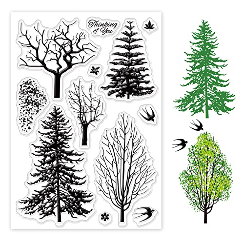 GLOBLELAND 1 Blatt Vielfalt Bäume Silikon Transparent Stempel Wald und Vögel Transparent Silikon Stempel Pflanze Stempel für Scrapbook Journal Kartenherstellung 10,9 x 16 cm von GLOBLELAND