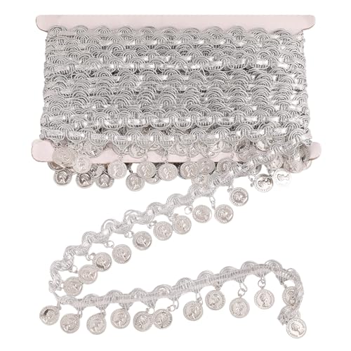 GLOBLELAND 10 Yards Silberne Pailletten Spitzenquaste In Münzform Fransenbesatz 1.54 Zoll Breites Fransen Spitzenband Tanzkleid Gürtelkette Für Selbstgemachte Kleidung Bänder Bühnenauftritte Anzüge von GLOBLELAND