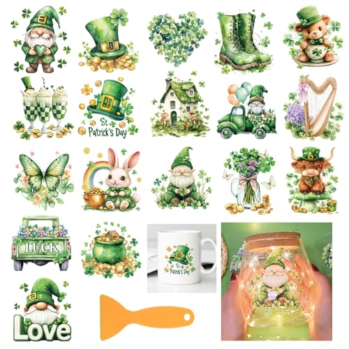 GLOBLELAND 18 Stück Abziehbilder Zum St. Patrick'S Day 3.9x3.6(1) cm Bunte Gnome Kleeblätter Heimaufkleber Blätter Schmetterlinge Kaninchen Tassen Abziehbilder Für Möbel Vasen Glas Kunsthandwerk von GLOBLELAND