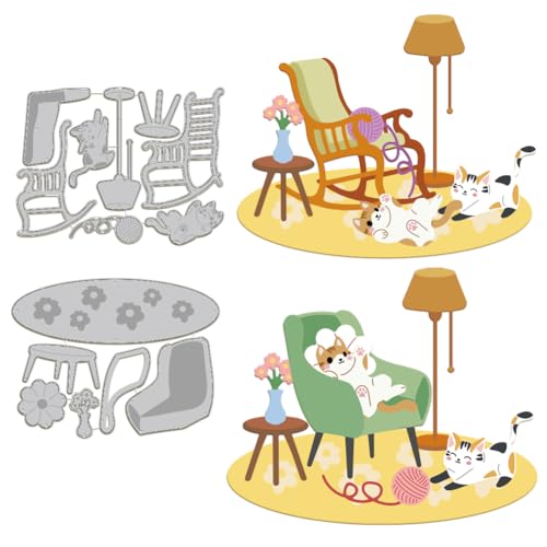 GLOBLELAND 2 Set 14 Stück Stuhl- Und Katzen-Stanzformen Für Die Kartenherstellung, Metall-Sofa-Katzen-Stanzformen, Prägeschablonen, Stanzschablonen, Vorlage Für Scrapbooking, Papierdekoration von GLOBLELAND