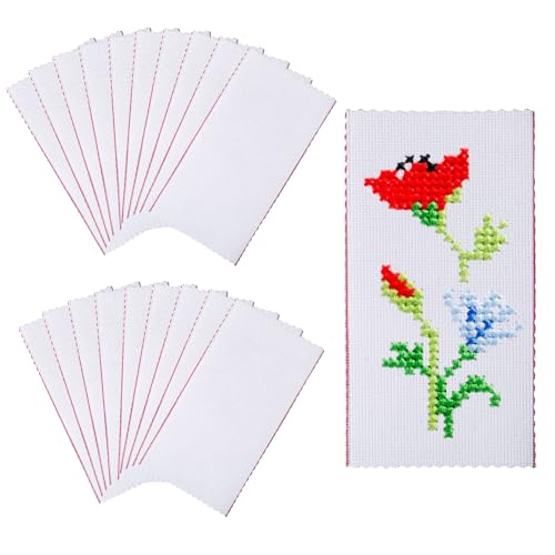 GLOBLELAND 20 Stück Weiße Leere Kreuzstich Lesezeichen 213x102mm /8.4x4 Zoll Baumwolle Roter Rand Kreuzstickerei Lesezeichen Einfache Leere Stichetiketten Kits Für Heimwerker Basteln Nähen Für Leser von GLOBLELAND