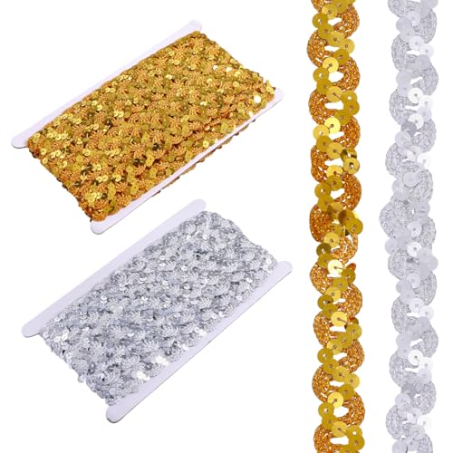 GLOBLELAND 22 Meter 2 Stile Gold und Silber Paillettenband Trim 1,8 cm Flach Bling Pailletten Perlen Streifen Weihnachten Rick Rack Trim zum Nähen DIY Handwerk Kleidung Dekor GLOBLELAND 22 Meter 2 Stile Gold und Silber Paillettenband Trim 1,8 cm Flach Bling Pailletten Perlen Streifen Weihnachten Rick Rack Trim zum Nähen DIY Handwerk Kleidung Dekor von GLOBLELAND