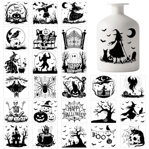 GLOBLELAND 25 Blatt Schwarz Weiße Halloween Silhouette Aufkleber Für Gläser Vintage Kürbis Aufkleber Aus Kunststoff Geister Fensteraufkleber Laternenaufkleber Für Fenster Lampen Glas Tassen von GLOBLELAND