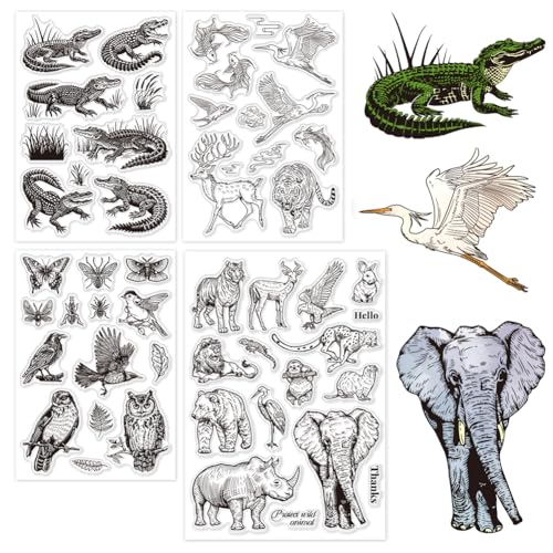 GLOBLELAND 4 Blätter Tier Krokodil Clear Stempels Für Kartenherstellung Elefant Koi Kraniche Tiger Silikon Clear Stempel Siegel Transparente Stempel Für DIY Scrapbooking von GLOBLELAND