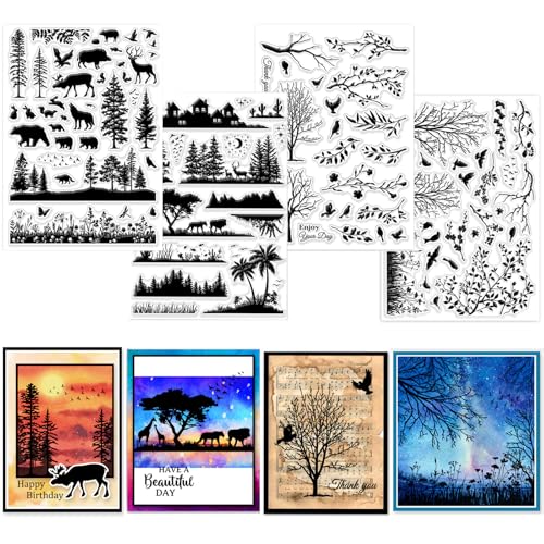 GLOBLELAND 4 Blatt Baumsilhouette Klarstempel Für Scrapbooking Vogelsilhouette Silikonstempel Waldtier Transparentes Stempelset Für Kartengestaltung DIY Prägung Journaling von GLOBLELAND