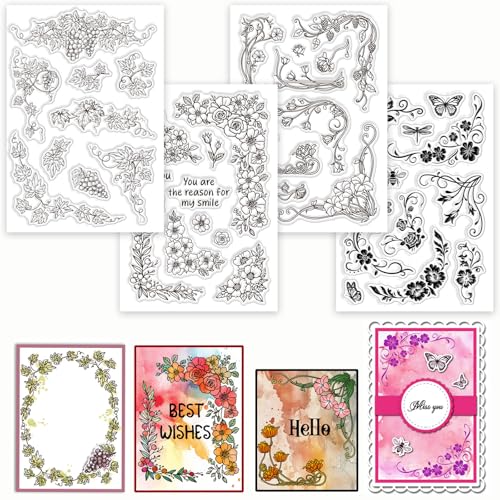 GLOBLELAND 4 Blatt Blumenecken Transparenter Stempel Für Scrapbooking Rankenpflanzen Spitzen Silikonstempel Rosenrahmen Transparentes Stempelset Für Kartengestaltung DIY Prägung Journaling von GLOBLELAND