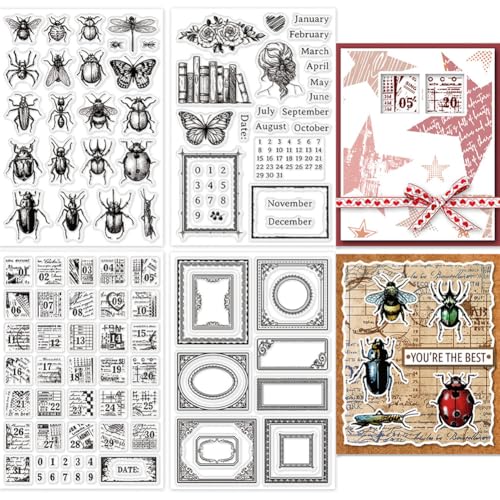 GLOBLELAND 4 Blatt Briefmarkenrahmen Klare Stempel Zur Kartengestaltung Vintage Kalender Insekten Texthintergrund Silikon Stempelsiegel Transparente Stempel Für DIY Scrapbooking GLOBLELAND 4 Blatt Briefmarkenrahmen Klare Stempel Zur Kartengestaltung Vintage Kalender Insekten Texthintergrund Silikon Stempelsiegel Transparente Stempel Für DIY Scrapbooking von GLOBLELAND