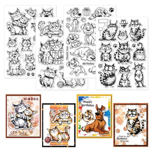 GLOBLELAND 4 Blatt Lustiger Katzen/Hunde Stempel Zum Gestalten von Karten. Cartoon Katze/Hunde Silikon Stempel Wörter Transparente Stempel Siegel Für DIY Scrapbooking Prägung Papieralbum Basteldekor von GLOBLELAND
