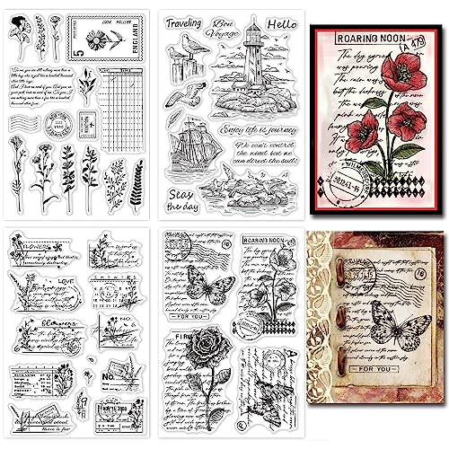 GLOBLELAND 4 Blatt Transparente Stempel Mit Retro-Pflanzen-Rosen-Hintergrund Für DIY Scrapbooking, Ozean-Navigation, Silikon-Stempelsiegel, Karten, Fotoalbum von GLOBLELAND