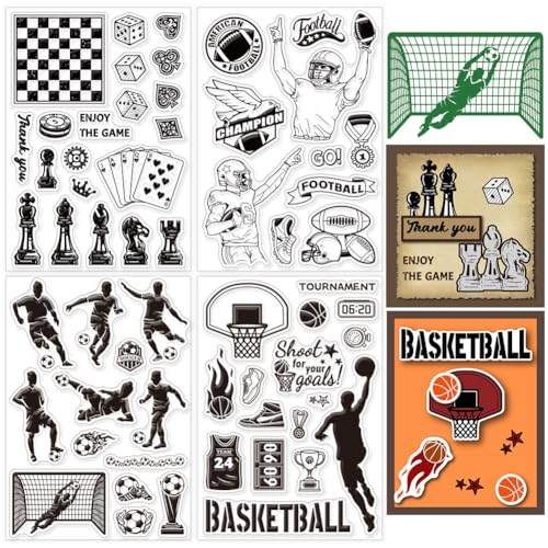 GLOBLELAND 4 Blatt Transparente Stempel Zum Thema Sport Für Heimwerker Scrapbooking - Basketball, Schach, Fußball, Rugby - Silikon Siegel Für Karten Fotoalbum 6.3×4.33 Zoll von GLOBLELAND