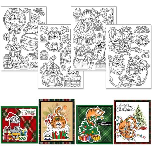 GLOBLELAND 4 Blatt Weihnachts Comic Katzen Klarstempel Für Scrapbooking Cartoon Katzen Silikonstempel „Frohe Feiertage“ Transparentes Stempelset Für Kartengestaltung DIY Prägung Journaling von GLOBLELAND