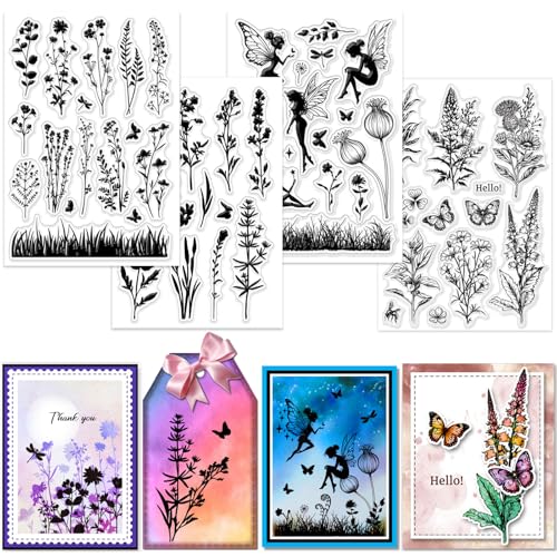 GLOBLELAND 4 Blatt Wildblumen Silhouette Klarer Stempel Für Scrapbooking Feen Silhouette Silikonstempel Schmetterlingspflanzen Transparentes Stempelset Für Kartengestaltung DIY Prägung Journaling von GLOBLELAND
