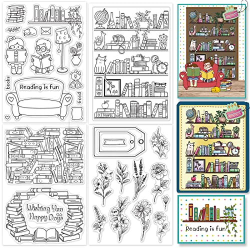 GLOBLELAND 4 Stück Buch Klare Briefmarken für DIY Scrapbooking Dekor Buch Serie Bücherregal Bücherregal Lesezeit Etikett Blume Transparente Silikonstempel zum Erstellen von Karten Fotoalbum Dekor von GLOBLELAND