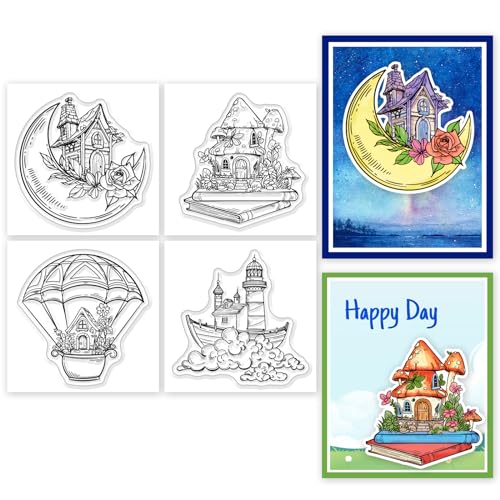 GLOBLELAND 4 Stück Mini Stempel Mit Feenpilz Haus Durchsichtige Stempel Für DIY Scrapbooking Mini Heißluftballon Haus Silikon Stempel Siegel Stempel Für Karten Fotoalbum 2.2x2.2 Zoll von GLOBLELAND