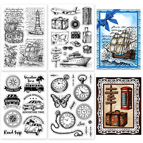 GLOBLELAND 4 Stück Weltreise-Schiffskompass, Klare Briefmarken, Auto, Schiffsreise, Weltreiseuhr, Kreuzfahrtschiff Transparente Silikon-Gummistempel Für DIY-Scrapbooking-Zubehör, Prägepapier von GLOBLELAND