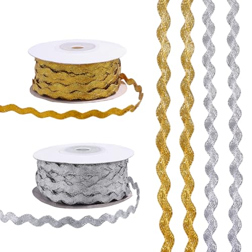 GLOBLELAND 54 Yards 2 Stile Gold Und Silberfarbene Gewellte Fransenborte Zum Nähen von Kleidung Dekoration Buntes Spitzenband Weihnachtliche Gebogene Zopfbandborte Für Hochzeitskleid Geschenk Zuhause von GLOBLELAND