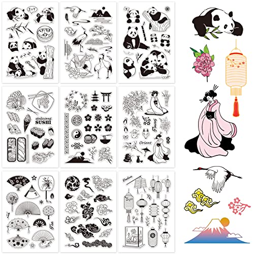 GLOBLELAND 9 Blatt Silikon-Stempel, orientalischer Stil, transparent, für Karten, Dekoration und DIY-Scrapbooking (Panda, rote Krone, Sushi, Geisha, der Fächer, Wolke, die Laterne) von GLOBLELAND