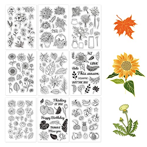 GLOBLELAND 9 Stück Silikonstempel Set Klare Stempel Blüten, Blätter, Früchte Transparentes Stempel Siegel Clear Stamps für Kartenherstellung und DIY Scrapbooking Dekor von GLOBLELAND