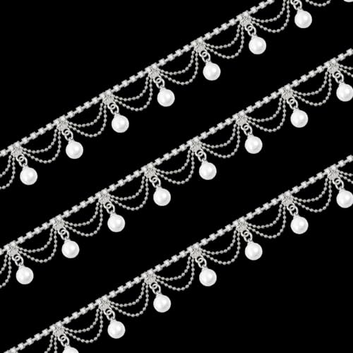 GLOBLELAND 91 cm Perlenquaste Strass Fransen Trim Strass Perle Quaste Kette Diamant Kristall Quaste Fransen Trim zum Nähen Handwerk Hochzeitskleid Kleidung Zubehör DIY Dekoration Silber von GLOBLELAND
