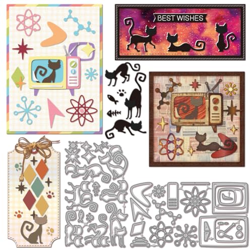 GLOBLELAND Atomic Retro TV Cat Metall Stanzformen Fernsehkätzchen Scrapbooking Prägeschablonen Stanzschablone Tiere Papierpräge Stanzschablonen Set Für Kartenherstellung DIY Scrapbooking Fotoalbum von GLOBLELAND
