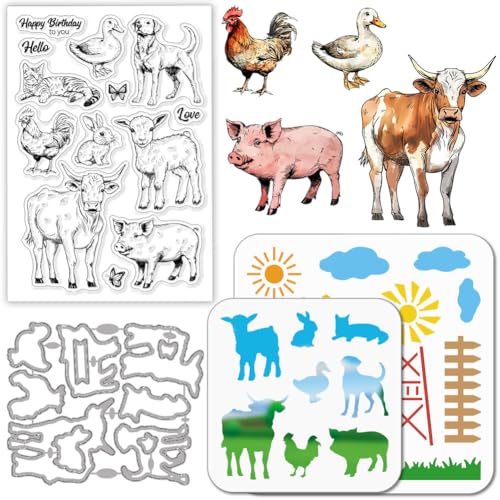 GLOBLELAND Bauernhoftieren Stamps Stanzschablone für die Kartenherstellung Katze Hund Silikonstempel Stanzschablone Schaf Schwein PET Malschablonen Für DIY Scrapbooking Bastelalben Zubehör von GLOBLELAND
