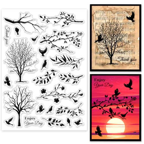 GLOBLELAND 5.83x8.27 Zoll Baum Vogel Transparente Silikonstempel Äste Klare Stamps Baum Blumen Silikonstempel Für Kartengestaltung DIY Prägung Journaling von GLOBLELAND