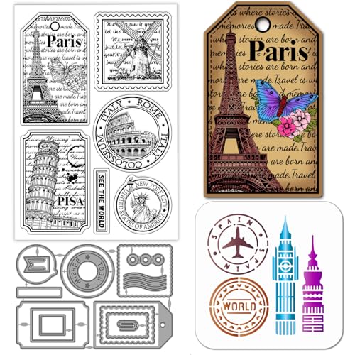 GLOBLELAND Beliebte Attraktionen Silikonstempel Metall Stanzformen Malschablonen Für Die Lesezeichen Stempel Stanzformen Eiffelturm Big Ben Schablonen Set Für DIY Scrapbooking Kunsthandwerk von GLOBLELAND