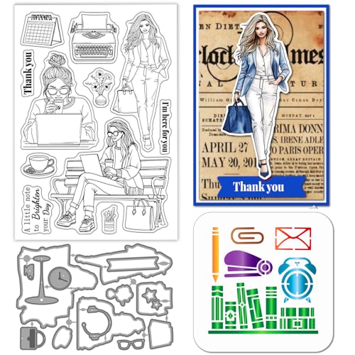 GLOBLELAND Berufstätige Frauen Silikonstempel Metall Stanzformen Malschablonen Für Die Frauen Kaffee Stempel Stanzformen Figur Schablonen Set Für DIY Scrapbooking Kunsthandwerk von GLOBLELAND