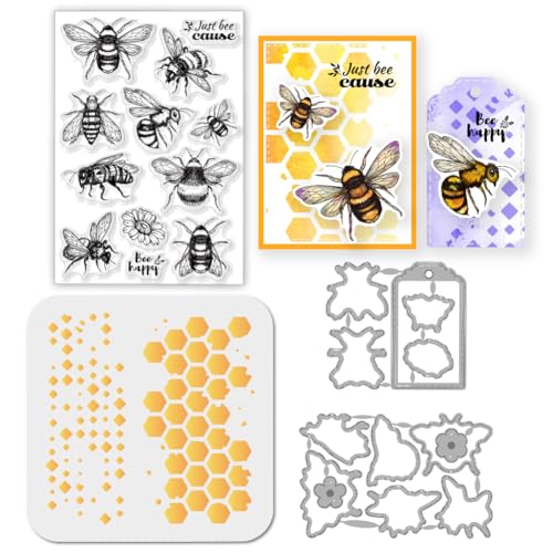 GLOBLELAND Bienen Stamps Stanzschablone für die Kartenherstellung Insektenetikett Silikonstempel Stanzschablone Wabenhintergrund PET Malschablonen Für DIY Scrapbooking Bastelalben Zubehör von GLOBLELAND