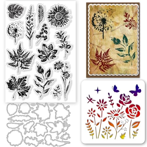 GLOBLELAND Blatt Stanzschablonen Aus Kohlenstoffstahl Mit Durchsichtigen Blatt Stempeln Blumen PET Aushöhlungs Zeichnungs Malschablonen Für DIY Scrapbooking Alben, Papierkarten, 6.3x4.3inch von GLOBLELAND