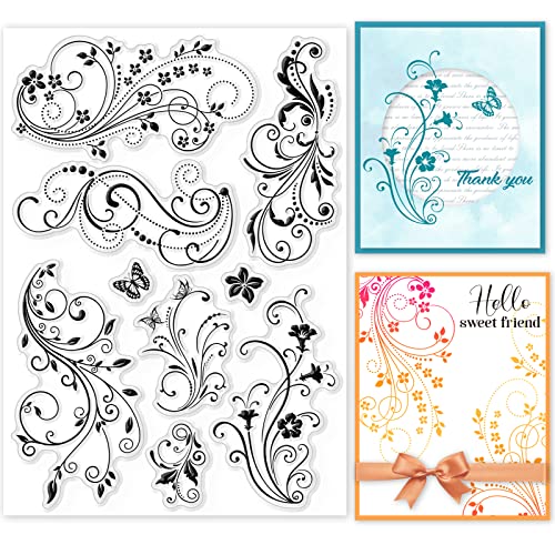 GLOBLELAND Blumenrebe Spitze Klare Briefmarken Dekorative Flourish Schmetterling Silikon Klare Stempel Dichtungen für Karten, Die DIY Scrapbooking Foto Journal Album Dekor, 21x14.8cm /8.3x5.8inch von GLOBLELAND