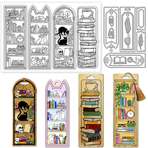 GLOBLELAND Bücherregal Lesezeichen Transparente Stempel Und Metall Stanzformen Magisches Bücherregal Transparenter Stempel Katzenbuchrahmen Stanzformen Für Die Kartengestaltung Prägung Scrapbooking von GLOBLELAND