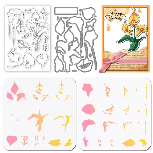GLOBLELAND Calla Lilie Stamps Stanzschablone für die Kartenherstellung Blumen Blätter Silikonstempel Stanzschablone Geschichtet PET Malschablonen Für DIY Scrapbooking Bastelalben Zubehör von GLOBLELAND