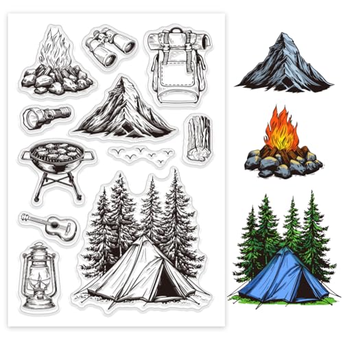 GLOBLELAND Camping Klarstempel Lagerfeuer Zelt Gitarre Petroleumlampe Teleskop Silikon Klarstempel Grill Taschenlampe Transparente Stempel Für DIY Scrapbooking Karten Erstellen Fotoalben Tagebüchern von GLOBLELAND