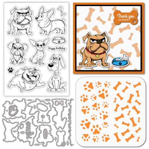 GLOBLELAND Cartoon Hunden Stamps Stanzschablone für die Kartenherstellung Cartoon Tiere Silikonstempel Stanzschablone Knochen Hund Pfote PET Malschablonen Für DIY Scrapbooking Bastelalben Zubehör von GLOBLELAND