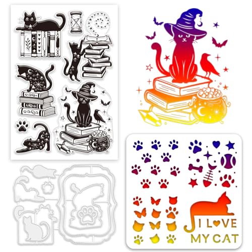GLOBLELAND Cat Magic Book Clear Stamps and Die Sets Magic Book Stamps and Embossing Dies Set for Card Making Cat Pet Stencil Template for DIY Scrapbook Decoration Handmade Crafts Notebook von GLOBLELAND