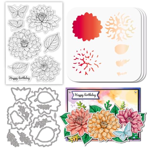 GLOBLELAND Dahlie Stamps Stanzschablone für die Kartenherstellung Blumen Silikonstempel Stanzschablone Florale Geschichtet PET Malschablonen Für DIY Scrapbooking Bastelalben Zubehör von GLOBLELAND