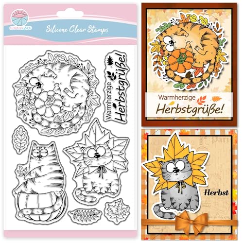 GLOBLELAND Deutscher Herbst Cartoon Katze Transparente Silikonstempel Herbstliche Lustige Comic Katze Klare Stamps Kürbissen Ahornblättern Silikonstempel Für Kartengestaltung DIY Prägung Journaling von GLOBLELAND