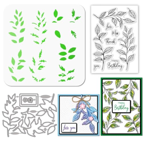 GLOBLELAND Frühlingsblättern Stamps Stanzschablone für die Kartenherstellung Blätter Silikonstempel Stanzschablone Pflanzen PET Malschablonen Für DIY Scrapbooking Bastelalben Zubehör von GLOBLELAND