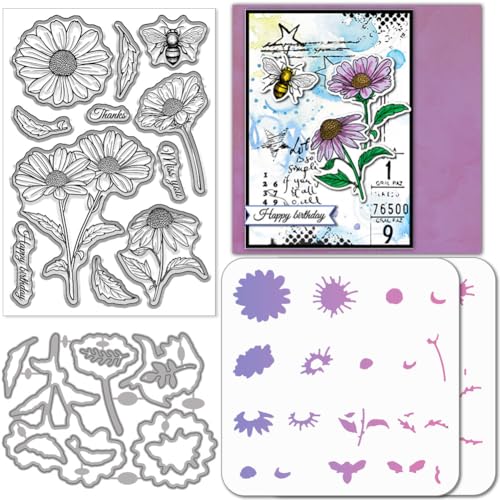 GLOBLELAND Gänseblümchen Blumen Stamps Stanzschablone für die Kartenherstellung Bienen Blumenrahmen Silikonstempel Stanzschablone Geschichtet PET Malschablonen Für DIY Scrapbooking Bastelalben Zubehör von GLOBLELAND