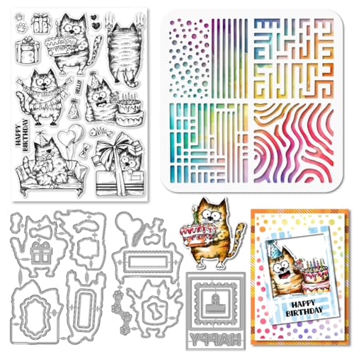 GLOBLELAND Geburtstagskatze Stamps Stanzschablone für die Kartenherstellung Lustige Katze Silikonstempel Stanzschablone Wildtiere PET Malschablonen Für DIY Scrapbooking Bastelalben Zubehör von GLOBLELAND