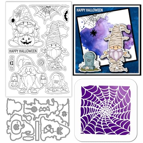 GLOBLELAND Halloween Gnom Mumie Transparente Stempel Stanzformen PET Malschablonen Für Die Kartengestaltung Kürbis Zwerg Silikonstempel Metall Grabstein Stanzformen PET Malschablonen Für Scrapbooking von GLOBLELAND