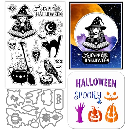 GLOBLELAND Halloween Hexe Krähe Kürbis Transparente Stempel Stanzformen PET Malschablonen Schwarzer Katzen Silikonstempel Metall Gruß Stanzformen PET Malschablonen Für Die Kartengestaltung von GLOBLELAND