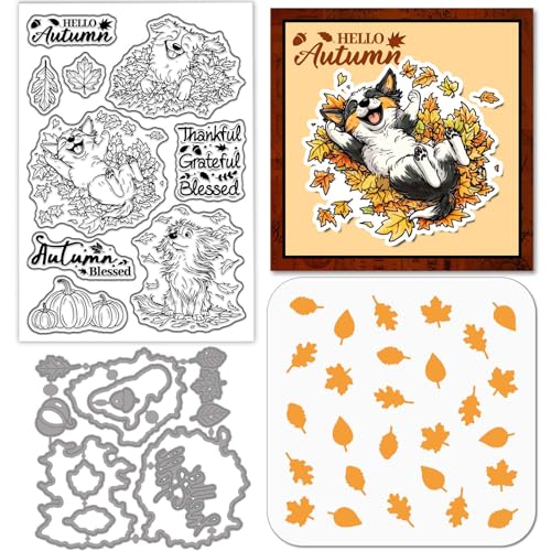 GLOBLELAND Herbst Cartoon Hund Transparente Stempel Stanzformen PET Malschablonen Herbst Kürbis Tiere Silikonstempel Metall Grüße Stanzformen PET Malschablonen Für Kartengestaltung DIY Scrapbooking von GLOBLELAND