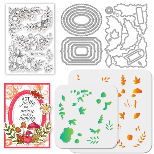 GLOBLELAND Herbst Eckschilder Stamps Stanzschablone für die Kartenherstellung Geometrischer Silikonstempel Stanzschablone Kürbisblätter PET Malschablonen Für DIY Scrapbooking Bastelalben Zubehör von GLOBLELAND