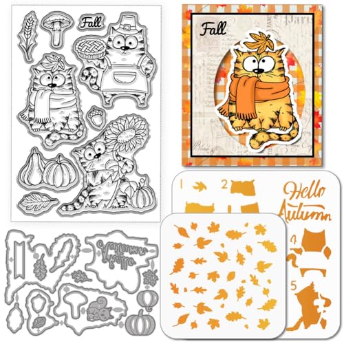 GLOBLELAND Herbst Erntedankfest Cartoon Katze Transparente Stempel Stanzformen PET Malschablonen Herbst Comic Katze Silikonstempel Kürbis Metall Stanzformen PET Malschablonen Für Kartengestaltung DIY von GLOBLELAND